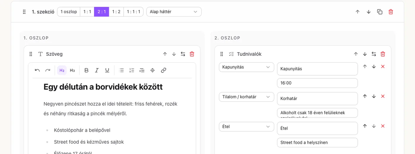 A Biletta eseményoldal-szerkesztője: oszlopos szekciók, szövegszerkesztő és tudnivalók blokk.